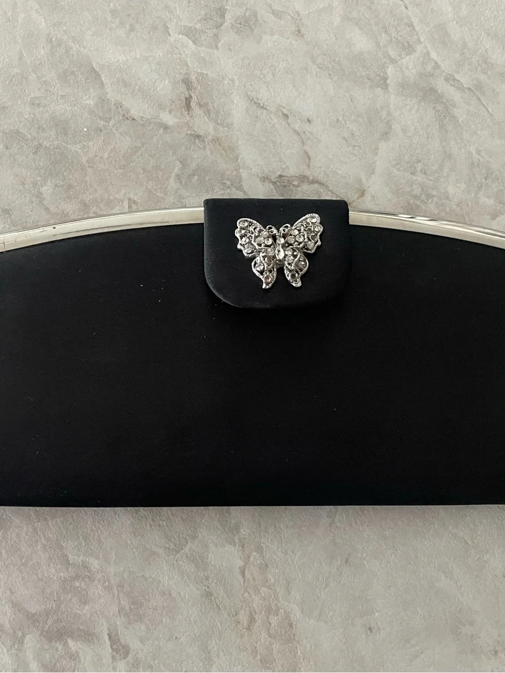 Tova of Beverly Hills Elegant Black Satin Clutch with Crystal Butterfly Accent